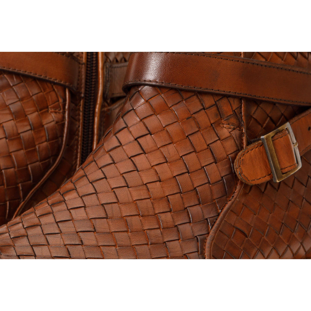 The Morral Tan Handwoven Leather Cross Strap Buckle Zip-Up Men Boot