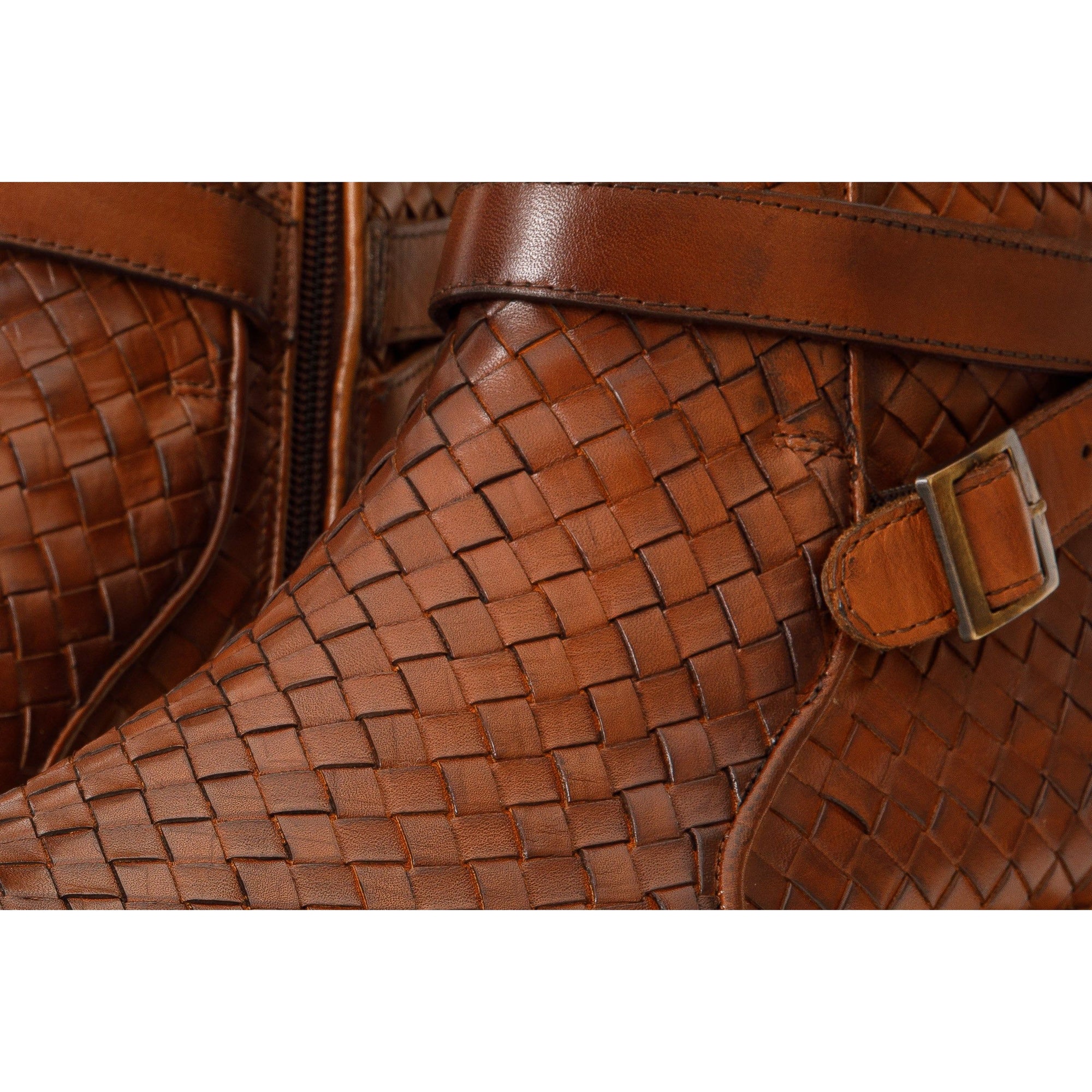 The Morral Tan Handwoven Leather Cross Strap Buckle Zip-Up Men Boot