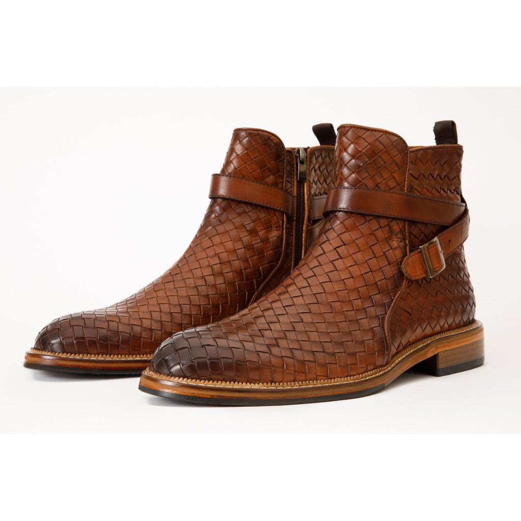 The Morral Tan Handwoven Leather Cross Strap Buckle Zip-Up Men Boot