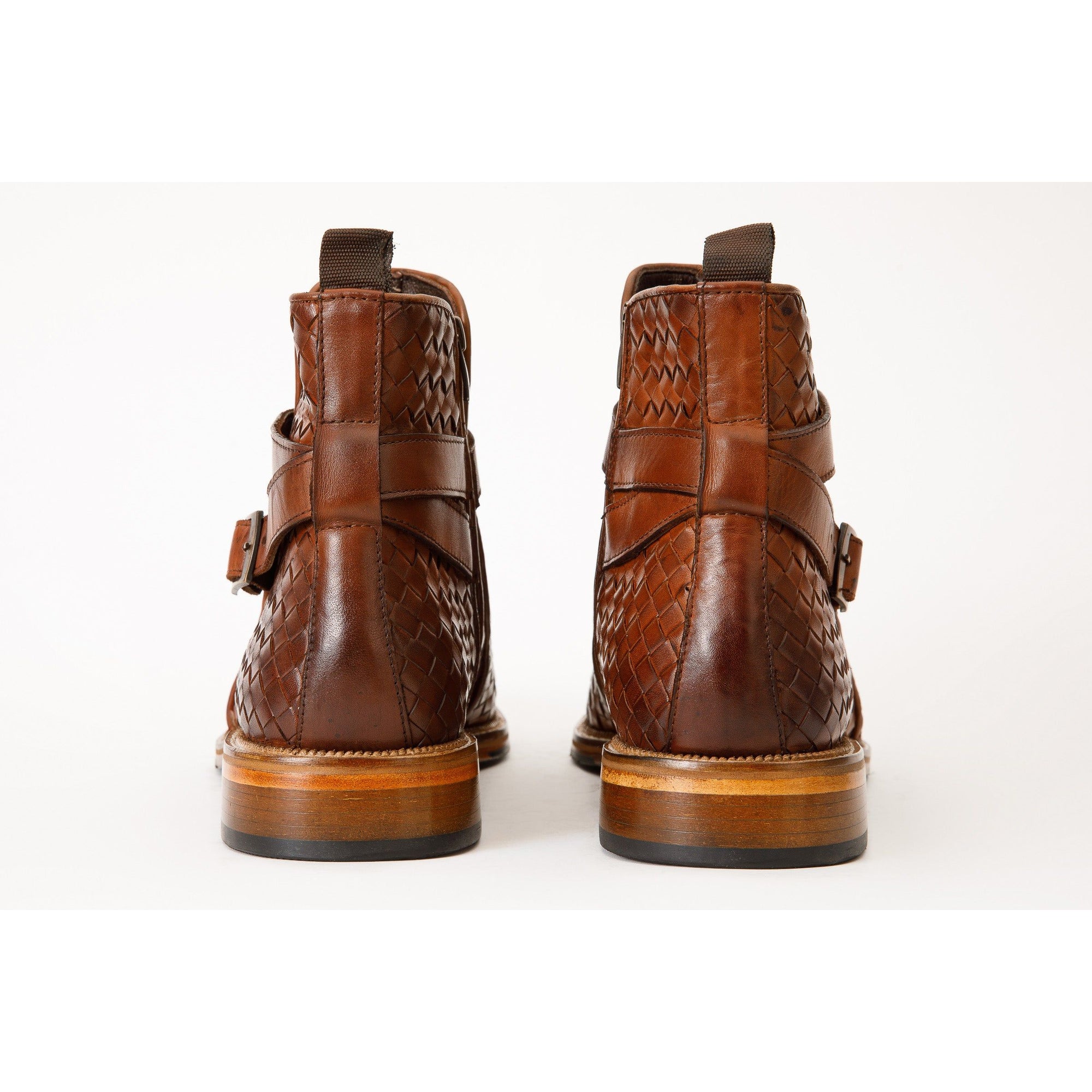 The Morral Tan Handwoven Leather Cross Strap Buckle Zip-Up Men Boot