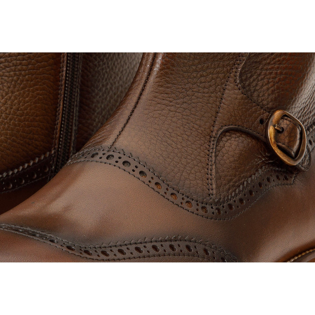 The Rand Brown Leather Double Buckle Brogue Men Boot with a Zipper