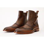 The Rand Brown Leather Double Buckle Brogue Men Boot with a Zipper