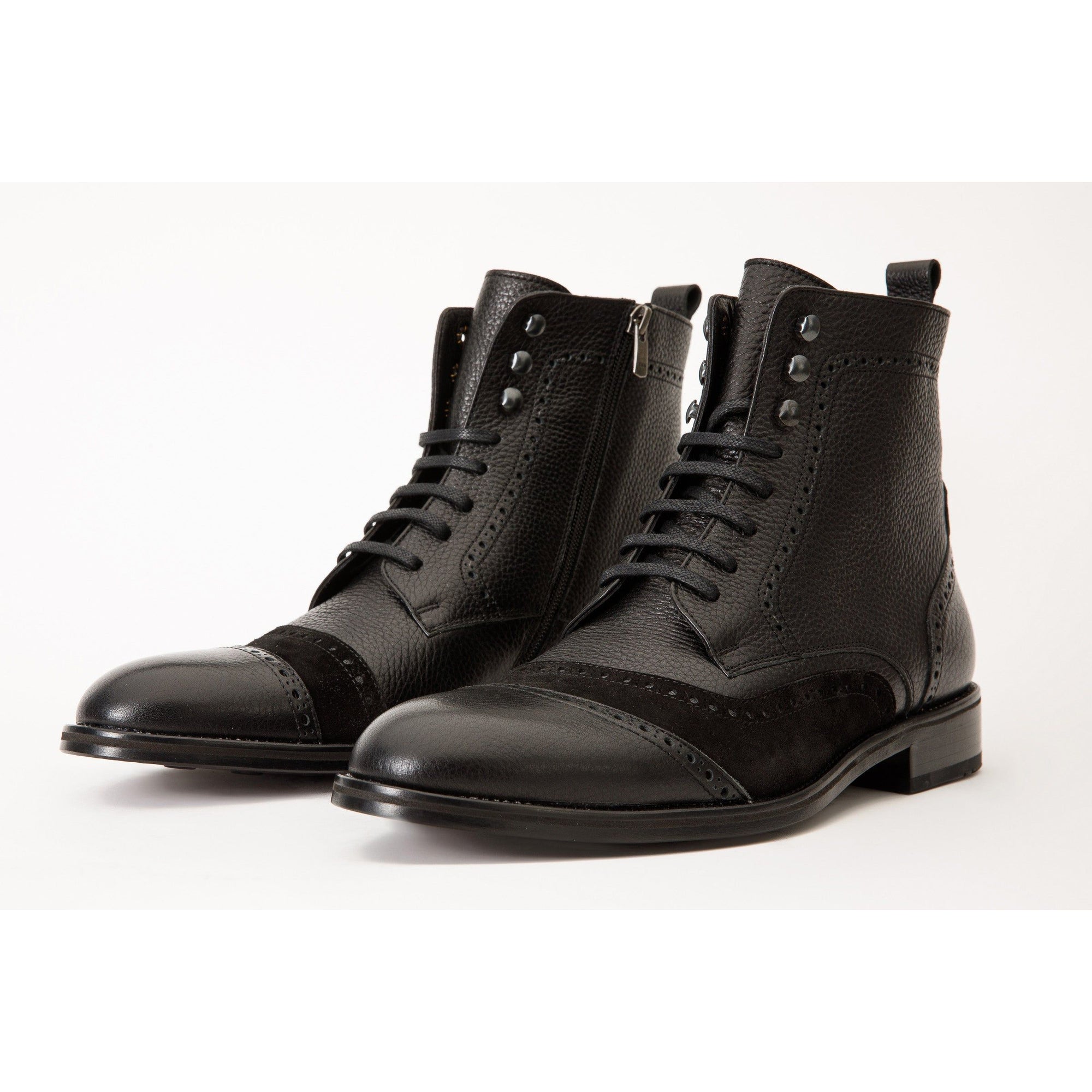 The Anderson Black Leather & Suede Brogue Lace-Up Men  Boot with a Zipper