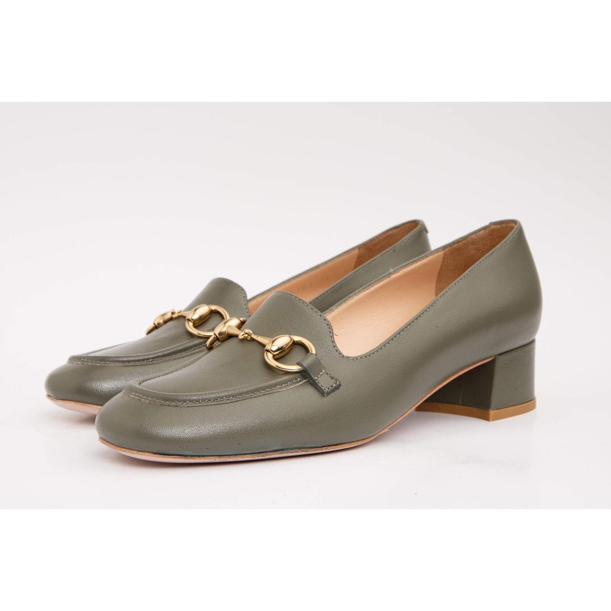 The Delhi Green Leather Block Heel Pump Women Shoe