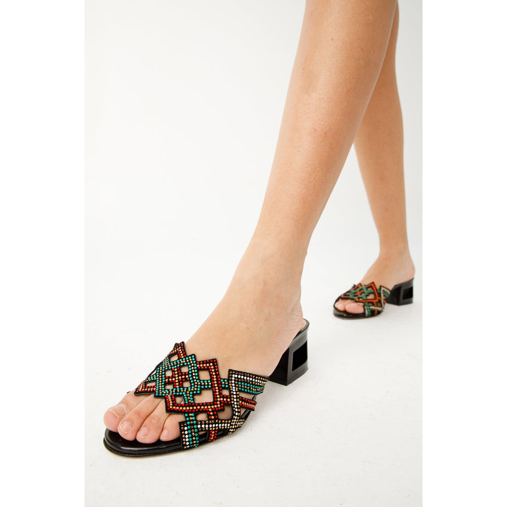 The Palma Black Glitter Leather Block Heel Women Sandal