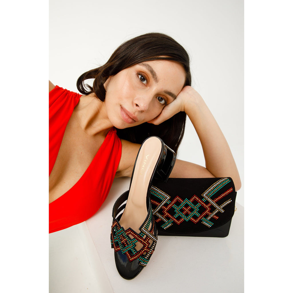 The Palma Black Glitter Leather Block Heel Women Sandal