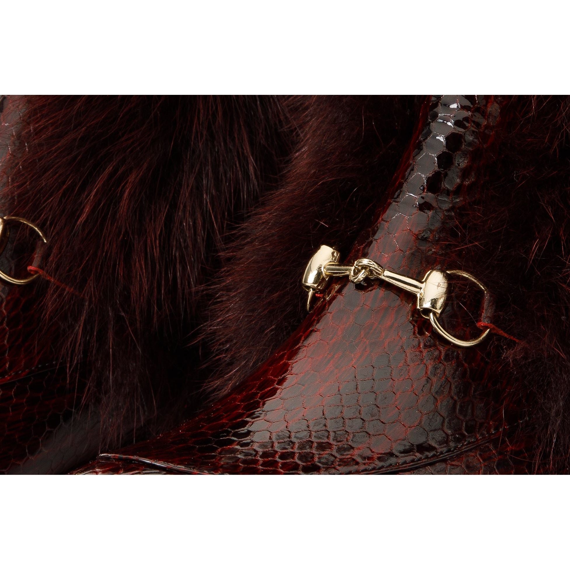 The Izmir Burgundy Patent Leather Natural Fur Mid Calf Women Boot