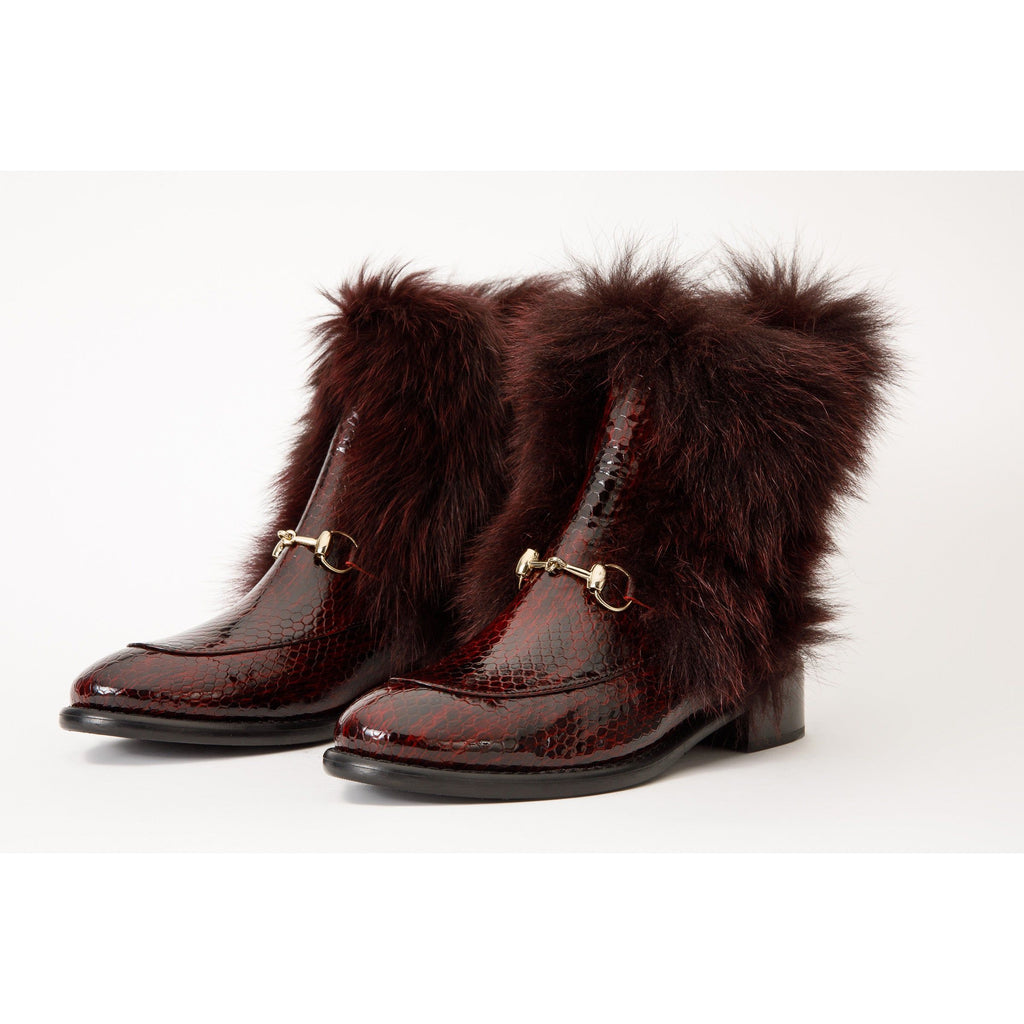 The Izmir Burgundy Patent Leather Natural Fur Mid Calf Women Boot