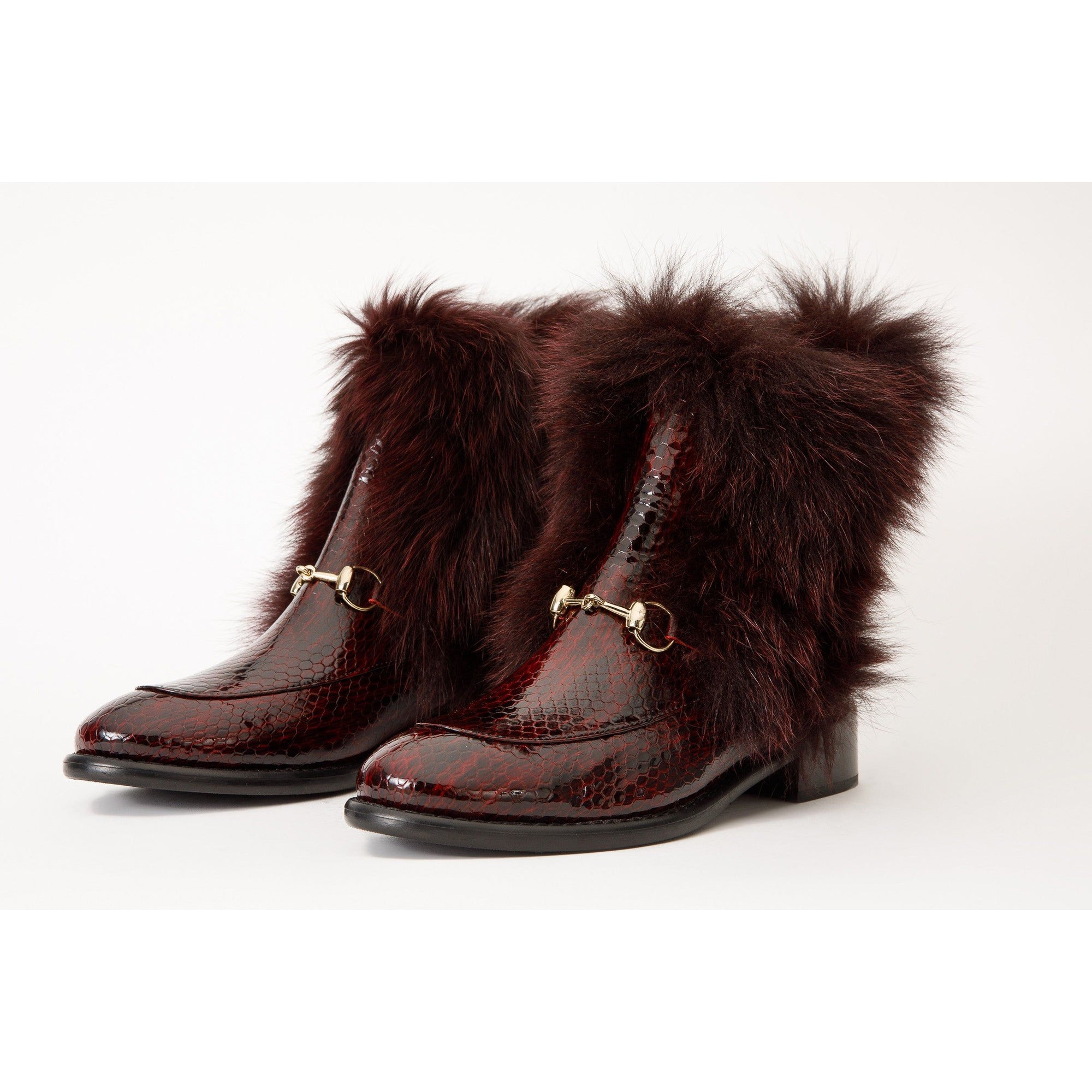 The Izmir Burgundy Patent Leather Natural Fur Mid Calf Women Boot