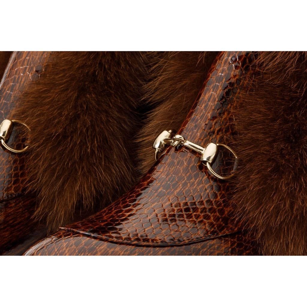 The Izmir Brown Patent Leather Natural Fur Mid Calf Women Boot