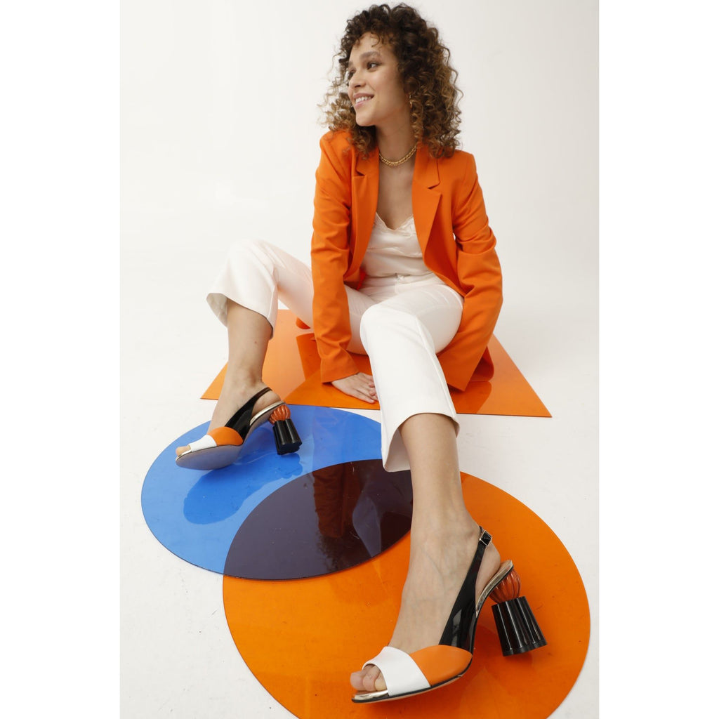 Vinci The Rize Black & Orange Pumpkin Heel Leather Women Sandal