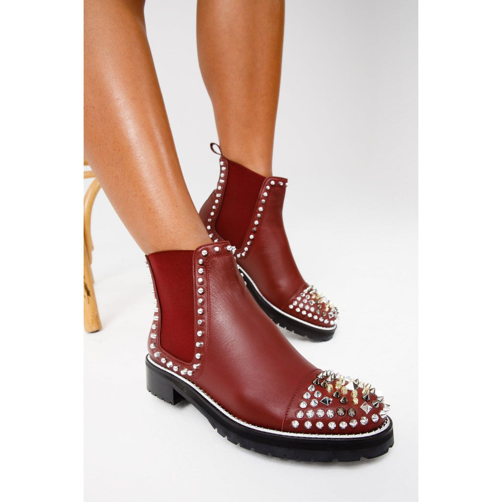 The Vuvulane Burgundy Spike Leather Ankle Women  Boot