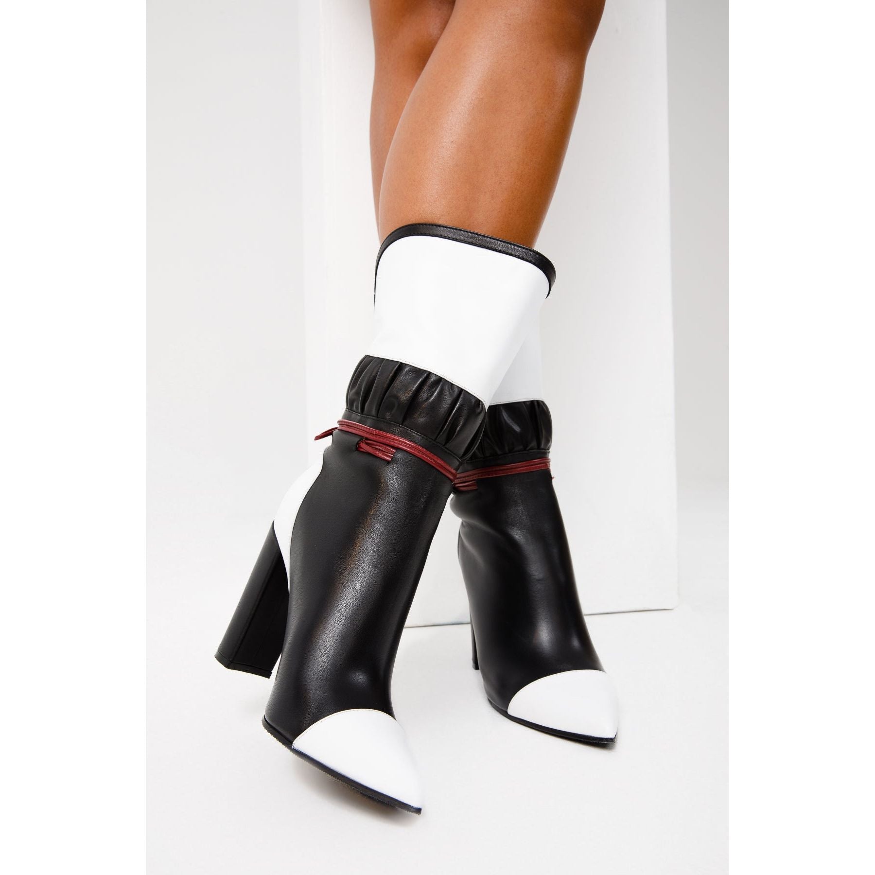 Vinci The Lucca Black & White Leather Mid Calf High Heel Women Boot Limited Edition