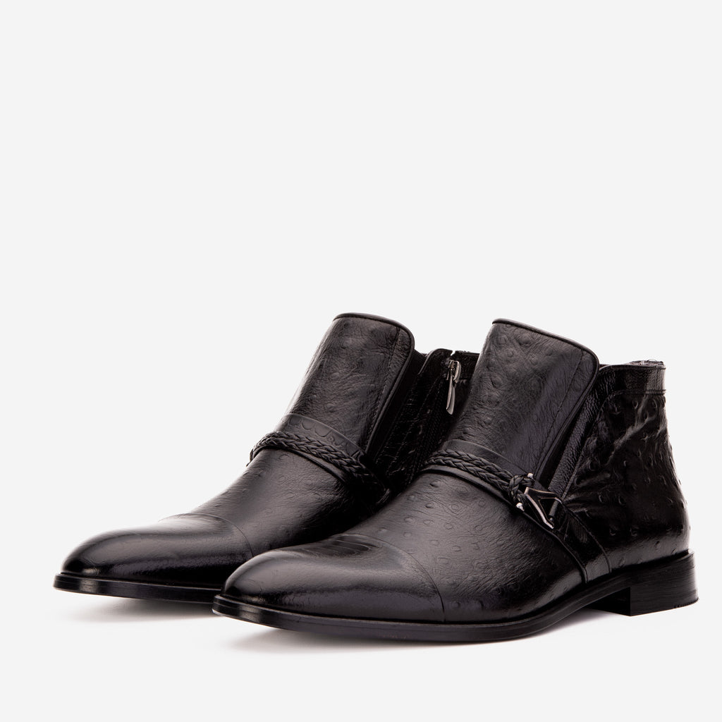 Vinci The Dallas Black Leather Bit Ankle Zip-Up Dress Men Boot