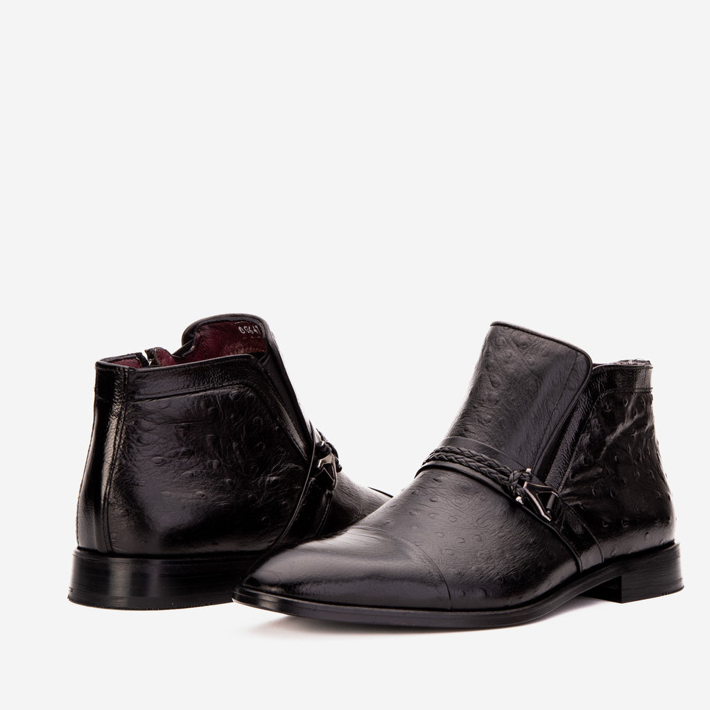 Vinci The Dallas Black Leather Bit Ankle Zip-Up Dress Men Boot