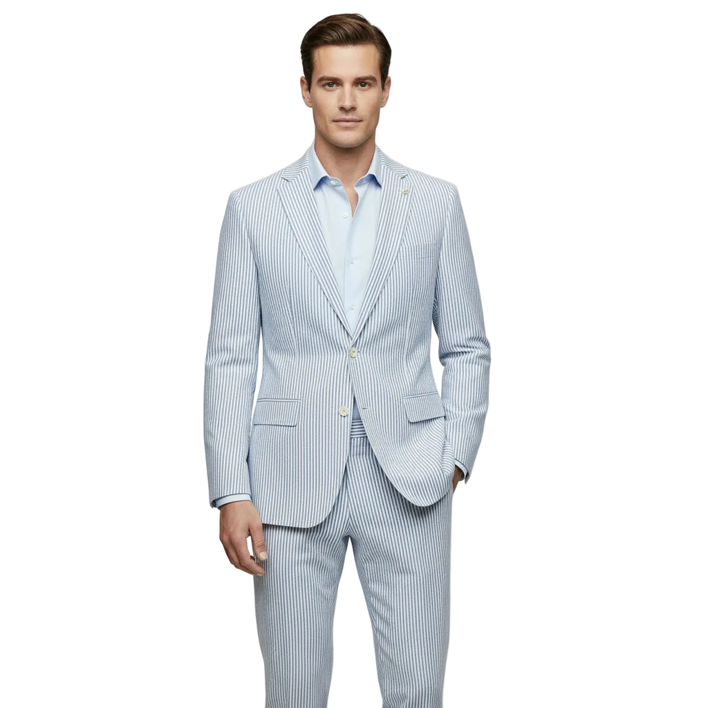 Men's Seersucker Suit Light Weight 100% Cotton By ENZO E58303-1 Blue