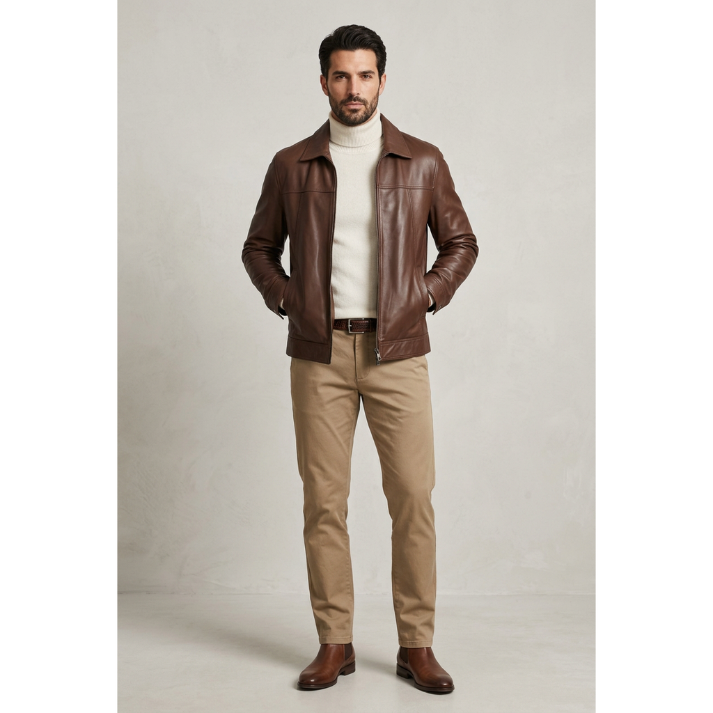 Men's VIA CONDOTTI Fine Lamb Skin Leather Jacket Zippered ENDY Cognac Brown