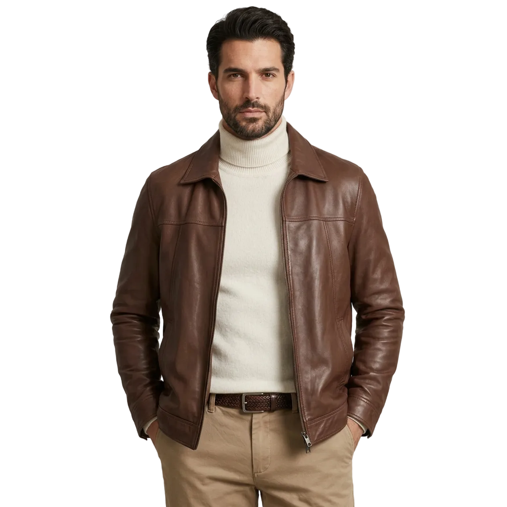 Men's VIA CONDOTTI Fine Lamb Skin Leather Jacket Zippered ENDY Cognac Brown