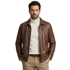 Men's VIA CONDOTTI Fine Lamb Skin Leather Jacket Zippered ENDY Cognac Brown