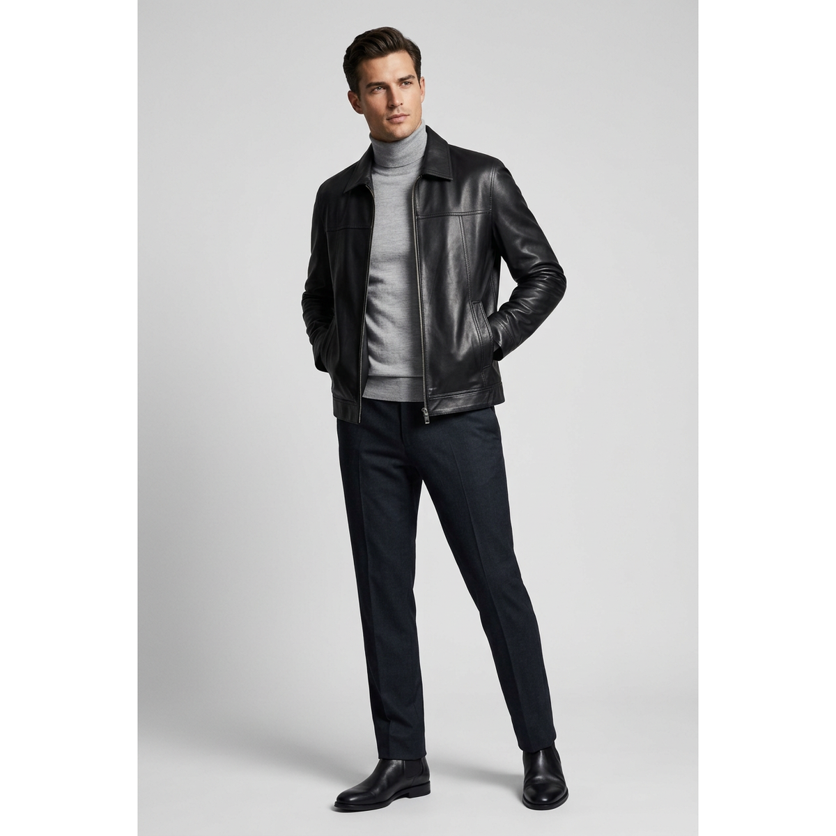 Men's VIA CONDOTTI Fine Lamb Skin Leather Jacket Zippered ENDY Black