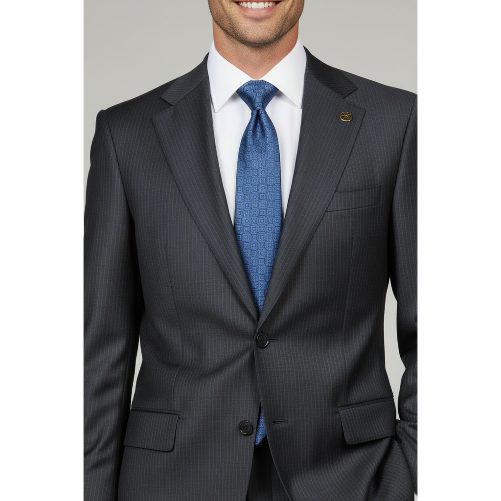 Men's Fabio Matteo Turkish Suit Fine Super 160's Italian Wool FB222 #07 Gray Blue Stripe