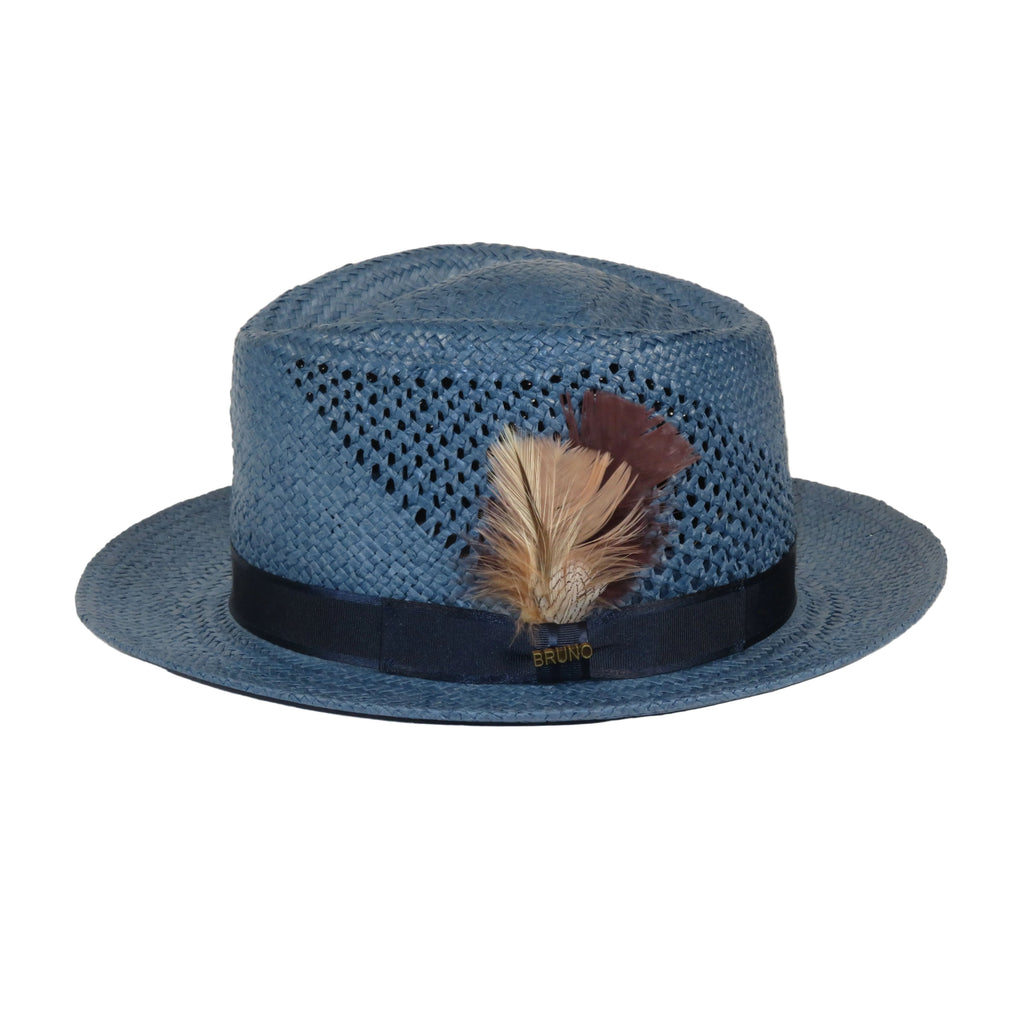 Men's Bruno Capelo Genuine Straw Hat Fedora Geneva Panama GA628 Denim Blue