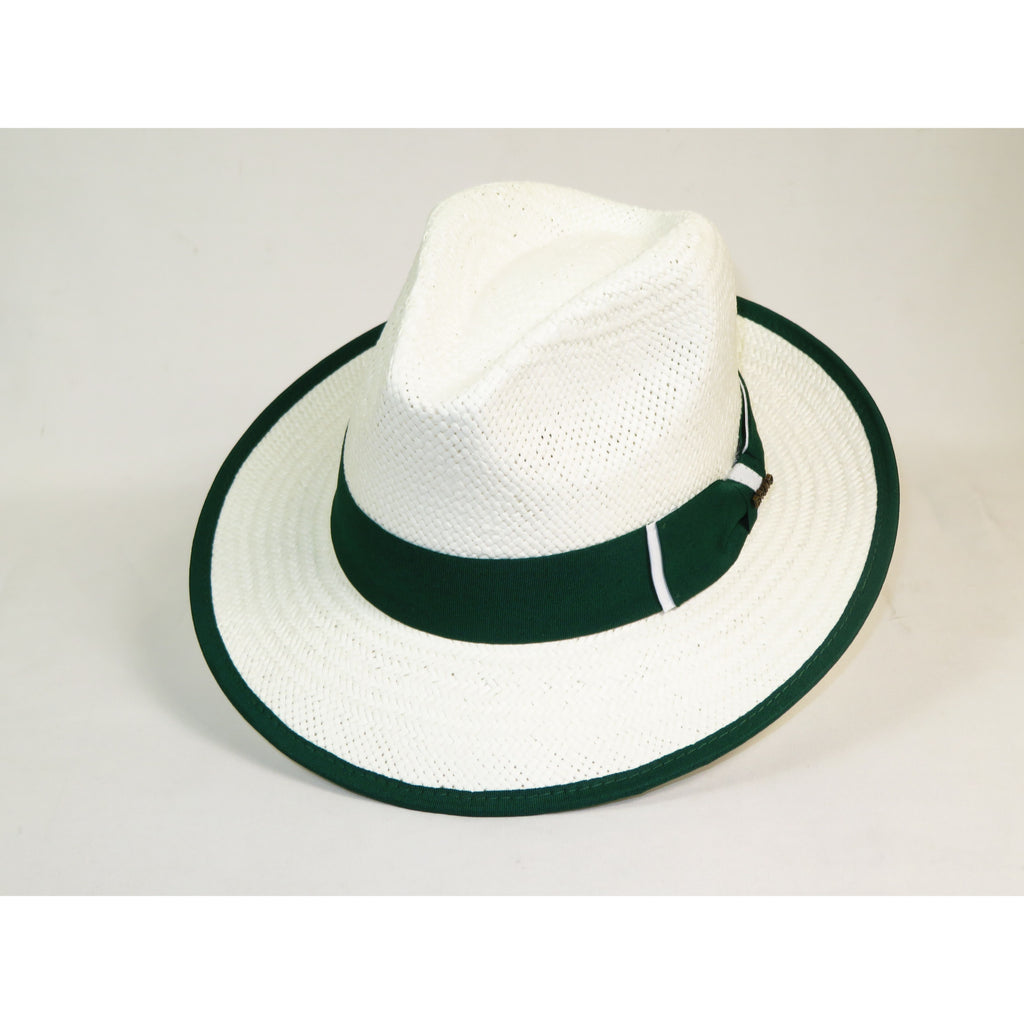 Men's Bruno Capelo Natural Straw Fedora Hat HAVANA HA662 White/Emerald