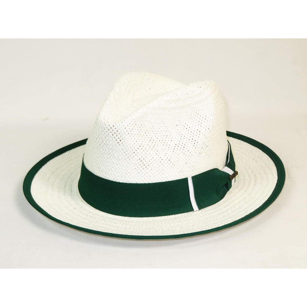 Men's Bruno Capelo Natural Straw Fedora Hat HAVANA HA662 White/Emerald