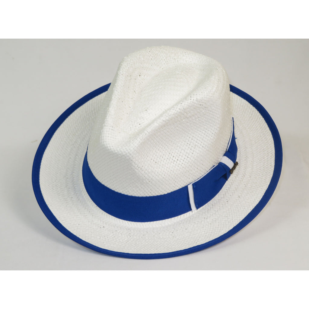 Men's Bruno Capelo Natural Straw Fedora Hat HAVANA HA664 White/Royal Blue