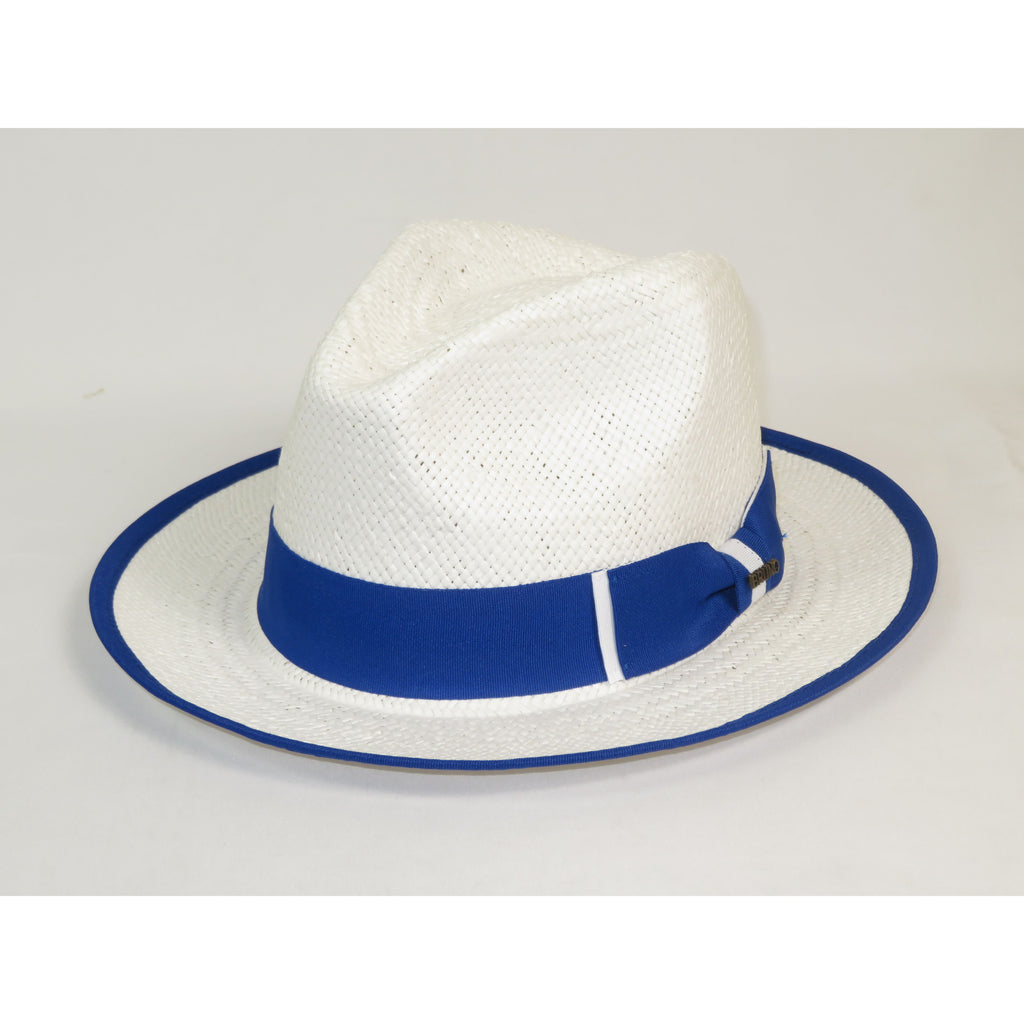 Men's Bruno Capelo Natural Straw Fedora Hat HAVANA HA664 White/Royal Blue