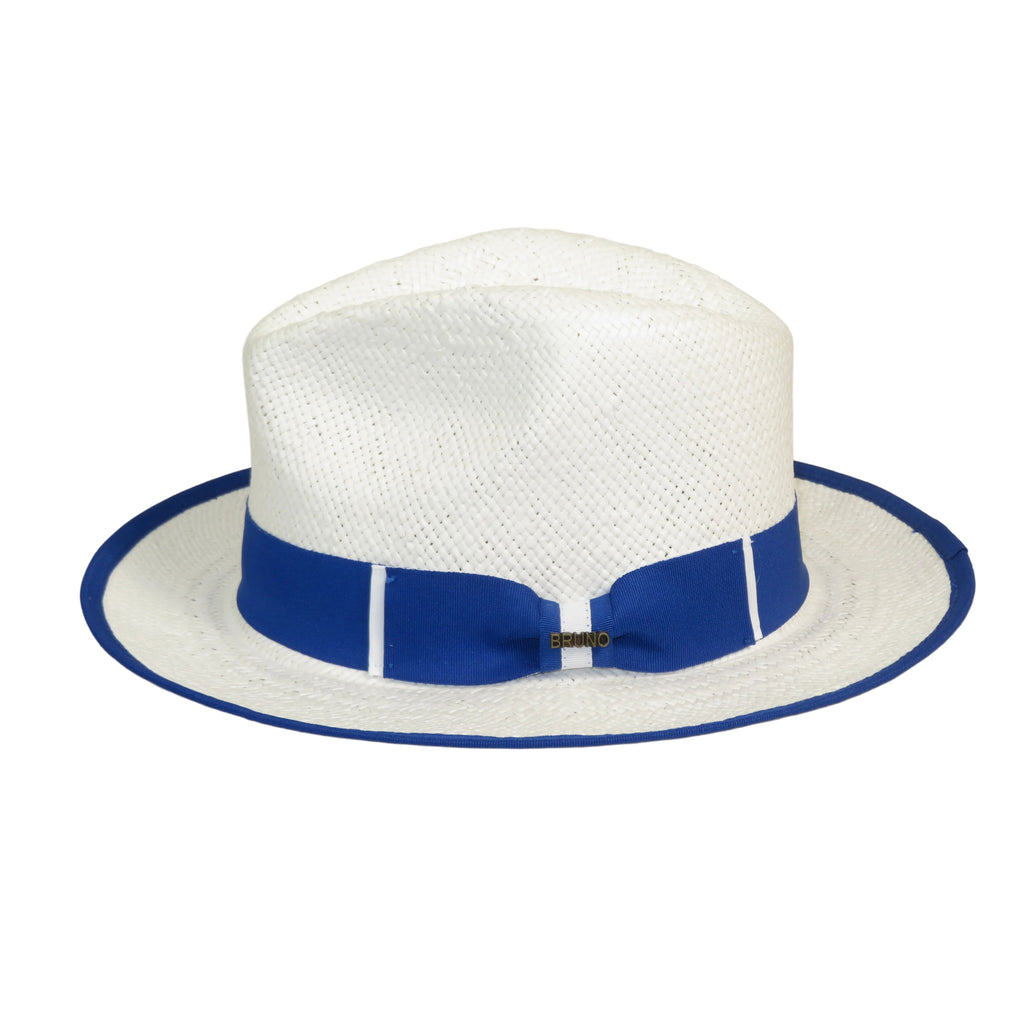Men's Bruno Capelo Natural Straw Fedora Hat HAVANA HA664 White/Royal Blue