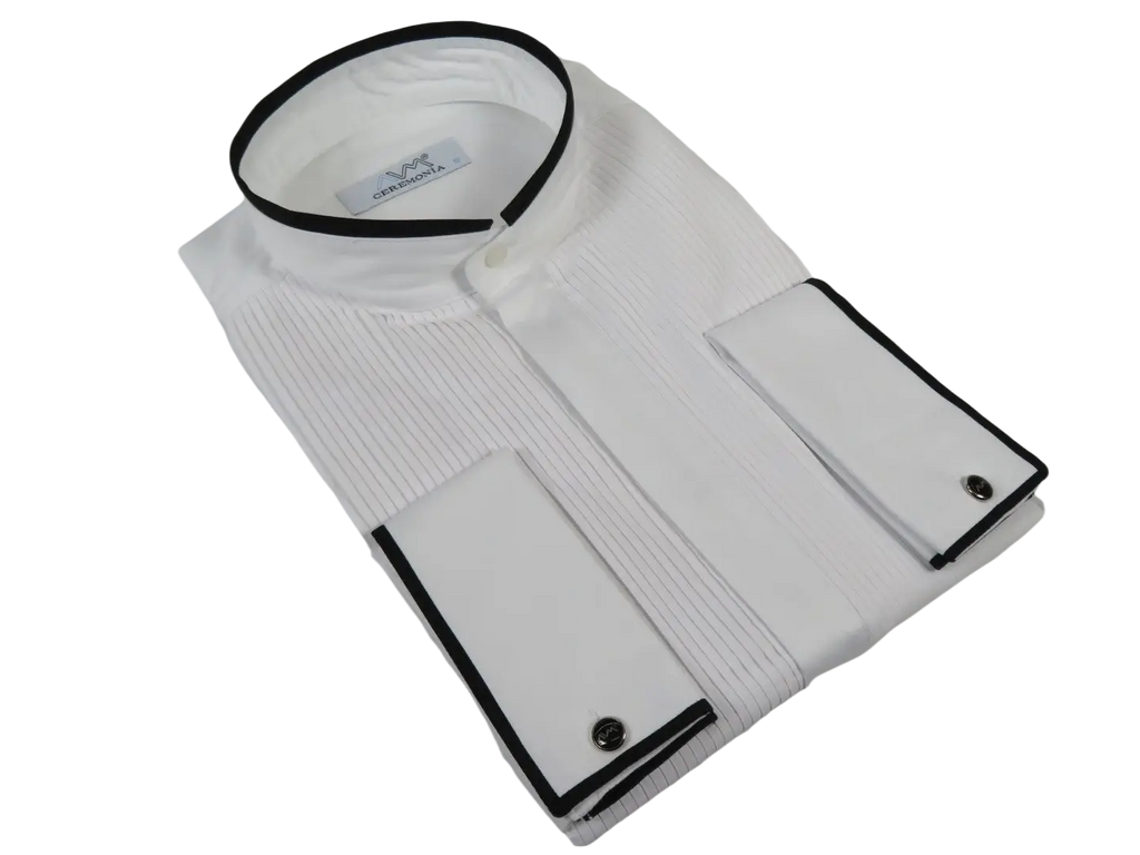 Men CEREMONIA Formal Cotton Shirt Collarless Slim Fit Turkey #HB 33 White/Black