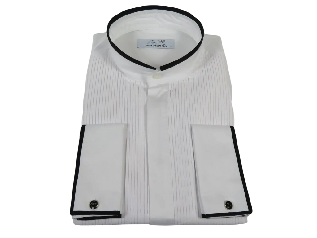 Men CEREMONIA Formal Cotton Shirt Collarless Slim Fit Turkey #HB 33 White/Black