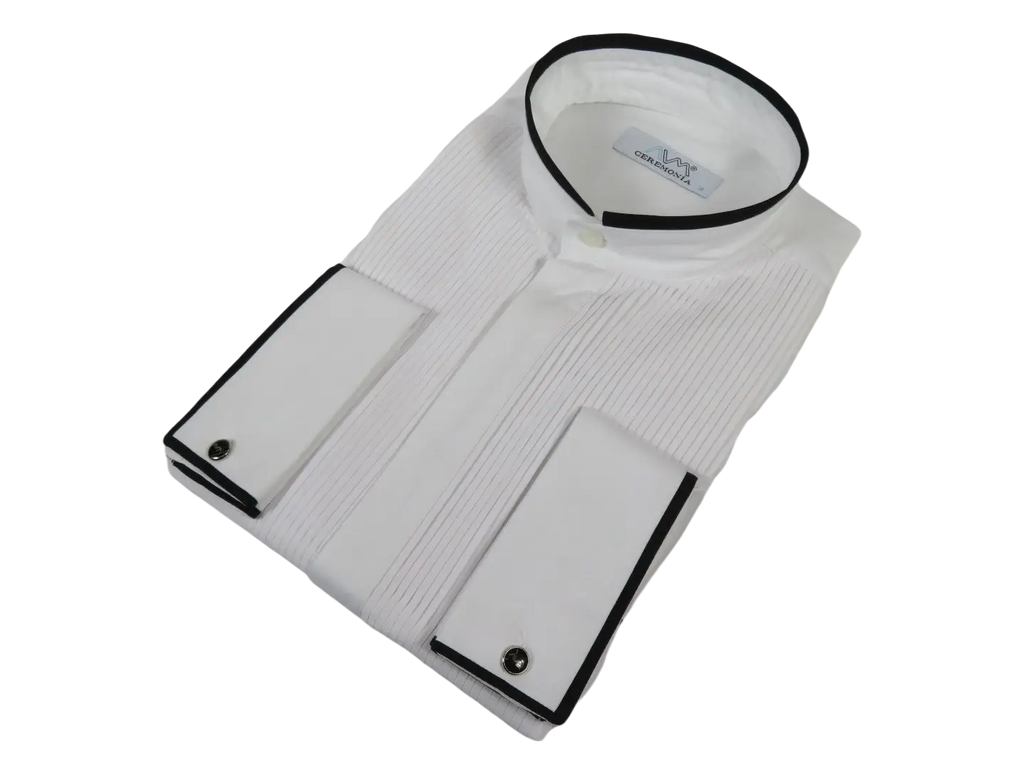 Men CEREMONIA Formal Cotton Shirt Collarless Slim Fit Turkey #HB 33 White/Black