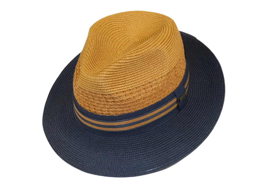 Men's Bruno Capelo Hollywood 2-Tone Straw Style Fedora Hat HW798 Cognac/Navy