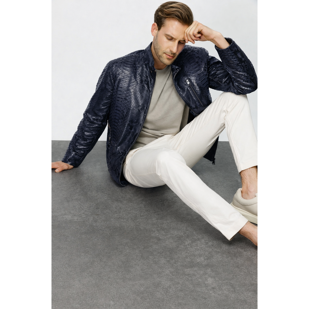 The Boss Pythn Navy Blue Leather Men Jacket Exclusive Limited Edition