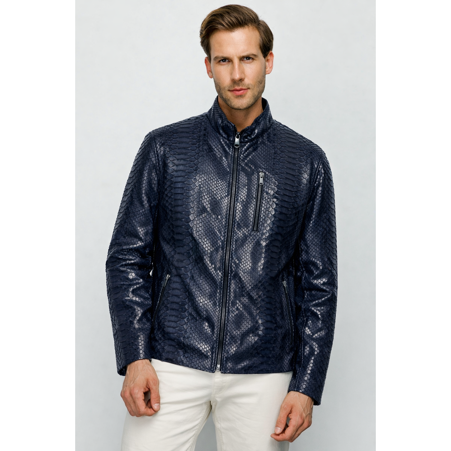 The Boss Pythn Navy Blue Leather Men Jacket Exclusive Limited Edition