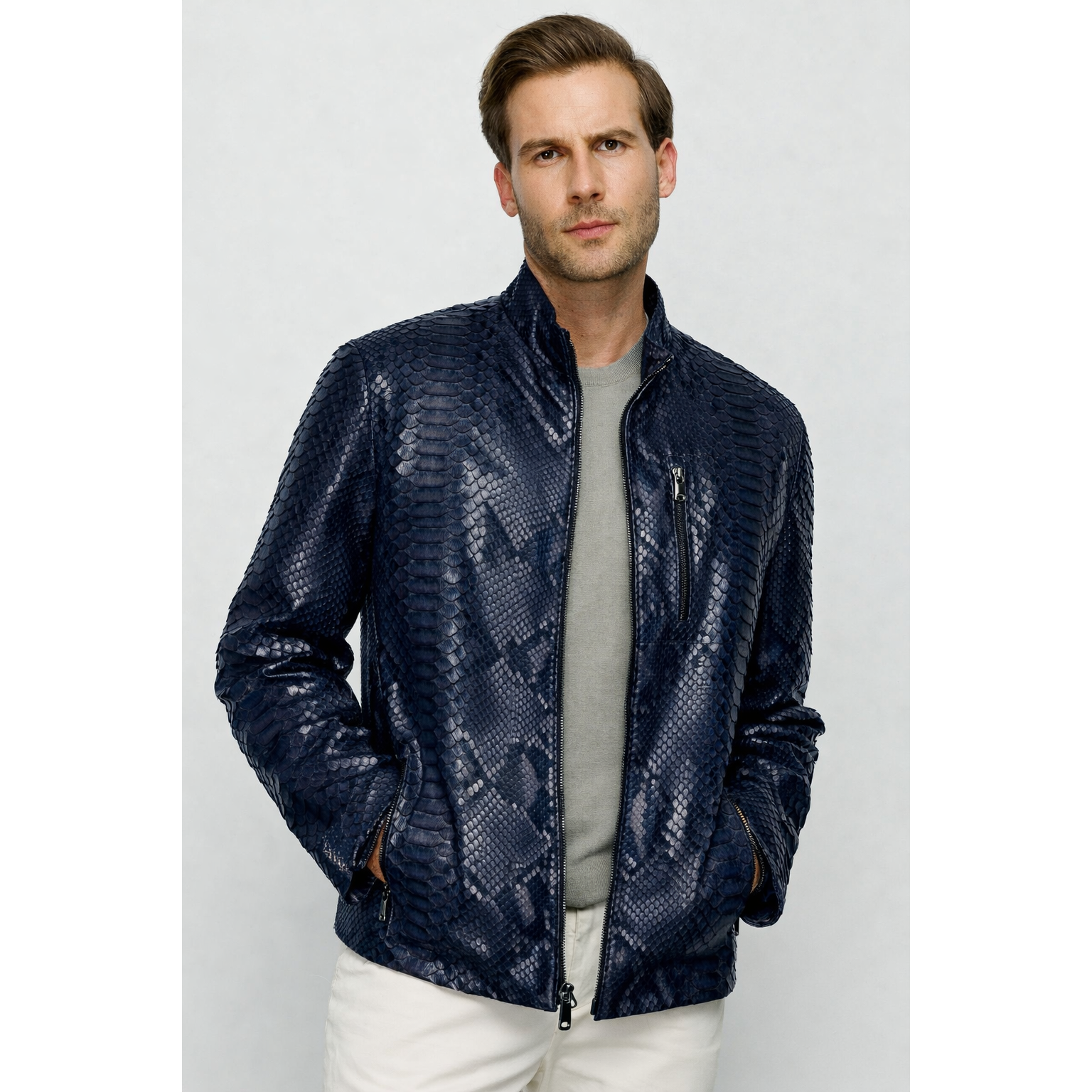 The Boss Pythn Navy Blue Leather Men Jacket Exclusive Limited Edition