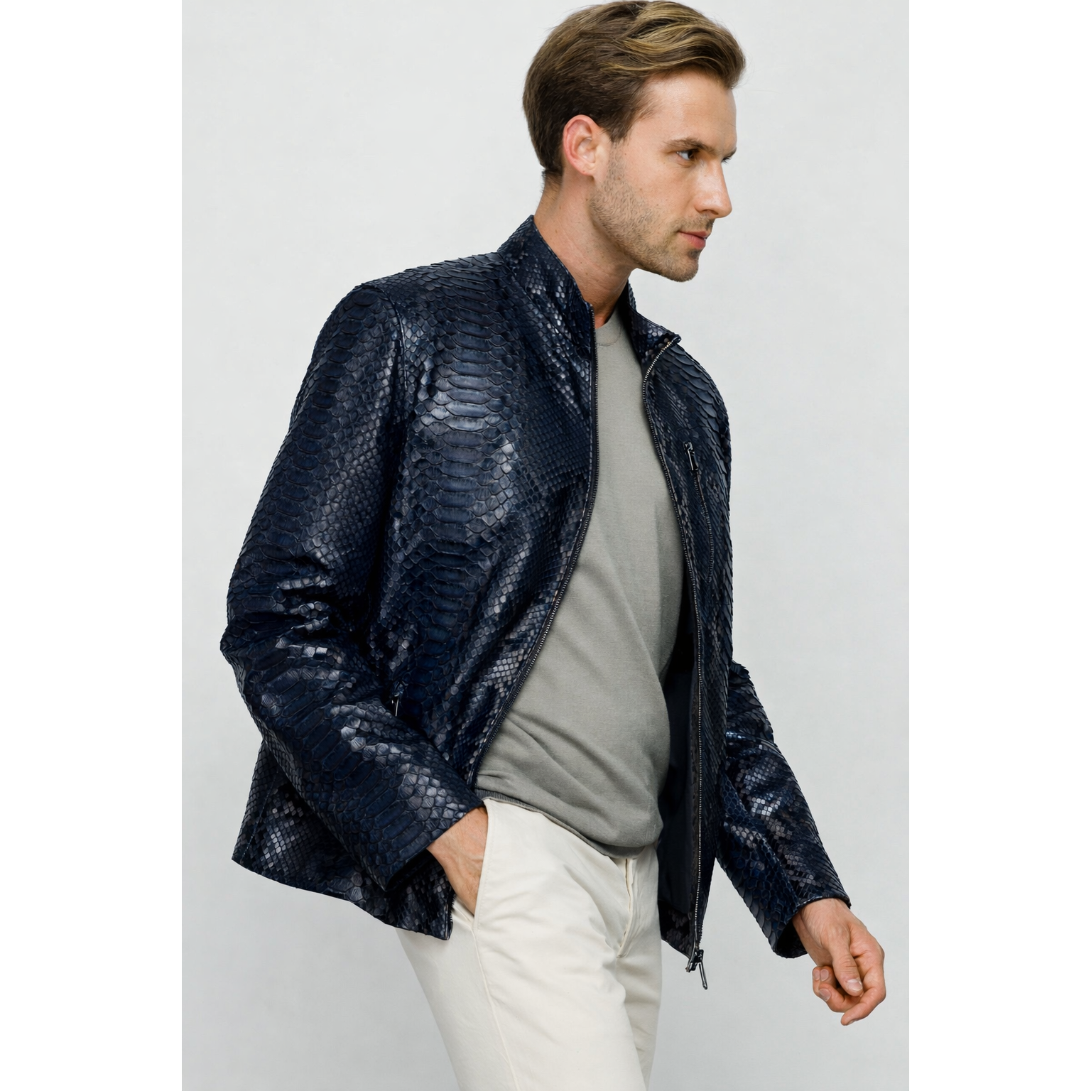 The Boss Pythn Navy Blue Leather Men Jacket Exclusive Limited Edition