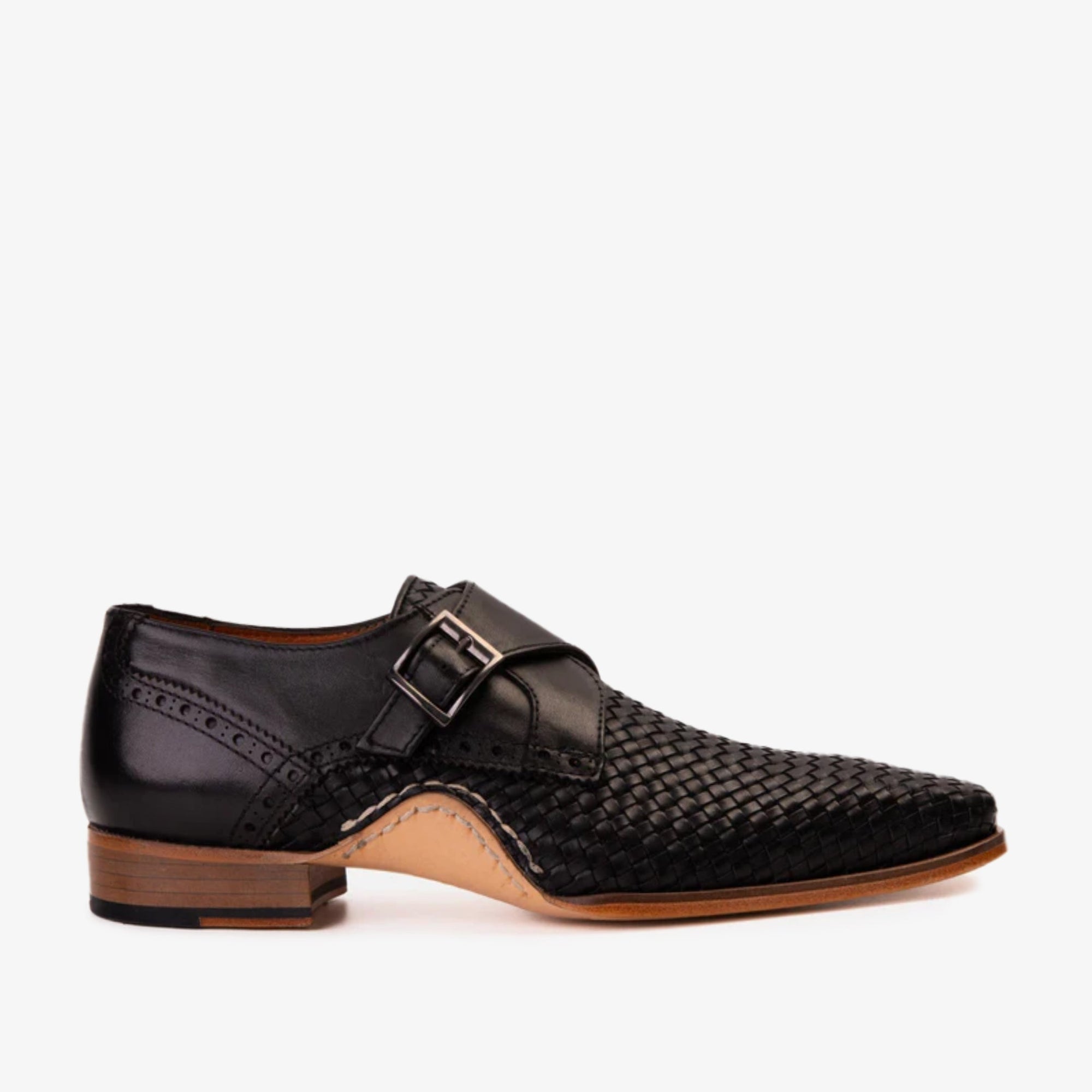 Vinci The Rolls  Woven Black Leather Single Monk Strap  Handmade Men Shoes