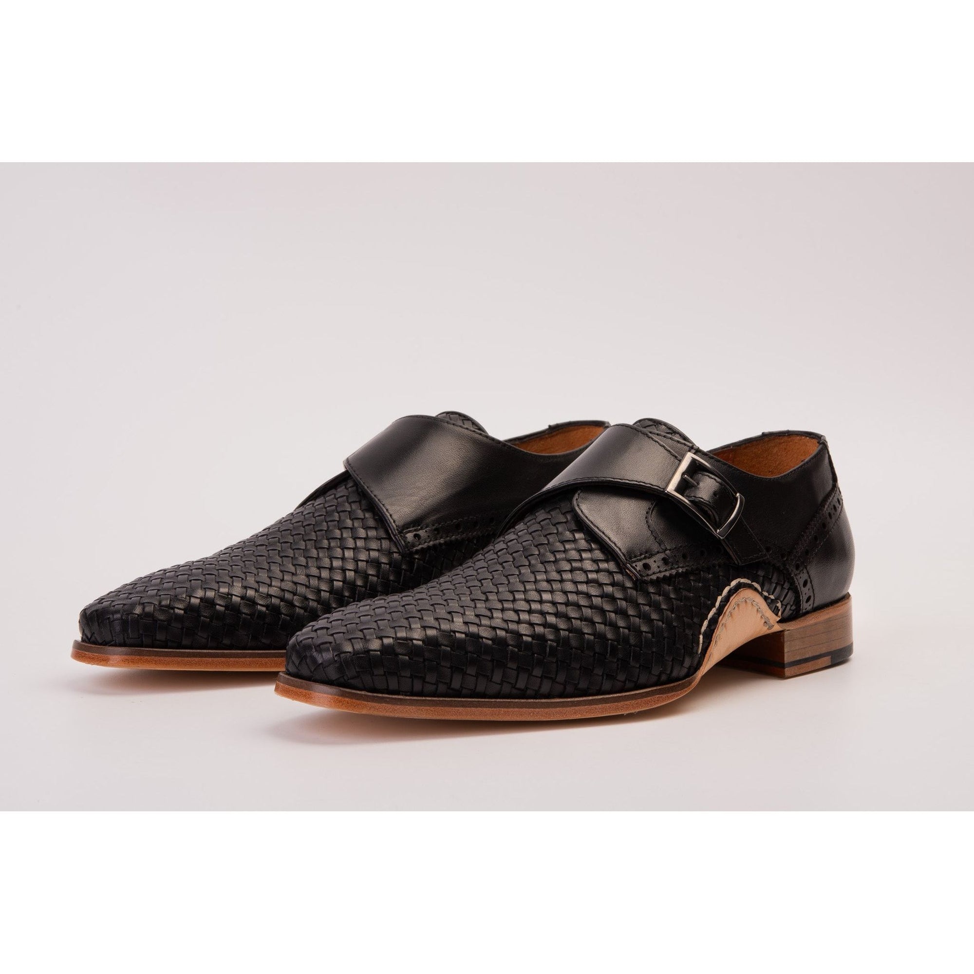 Vinci The Rolls  Woven Black Leather Single Monk Strap  Handmade Men Shoes