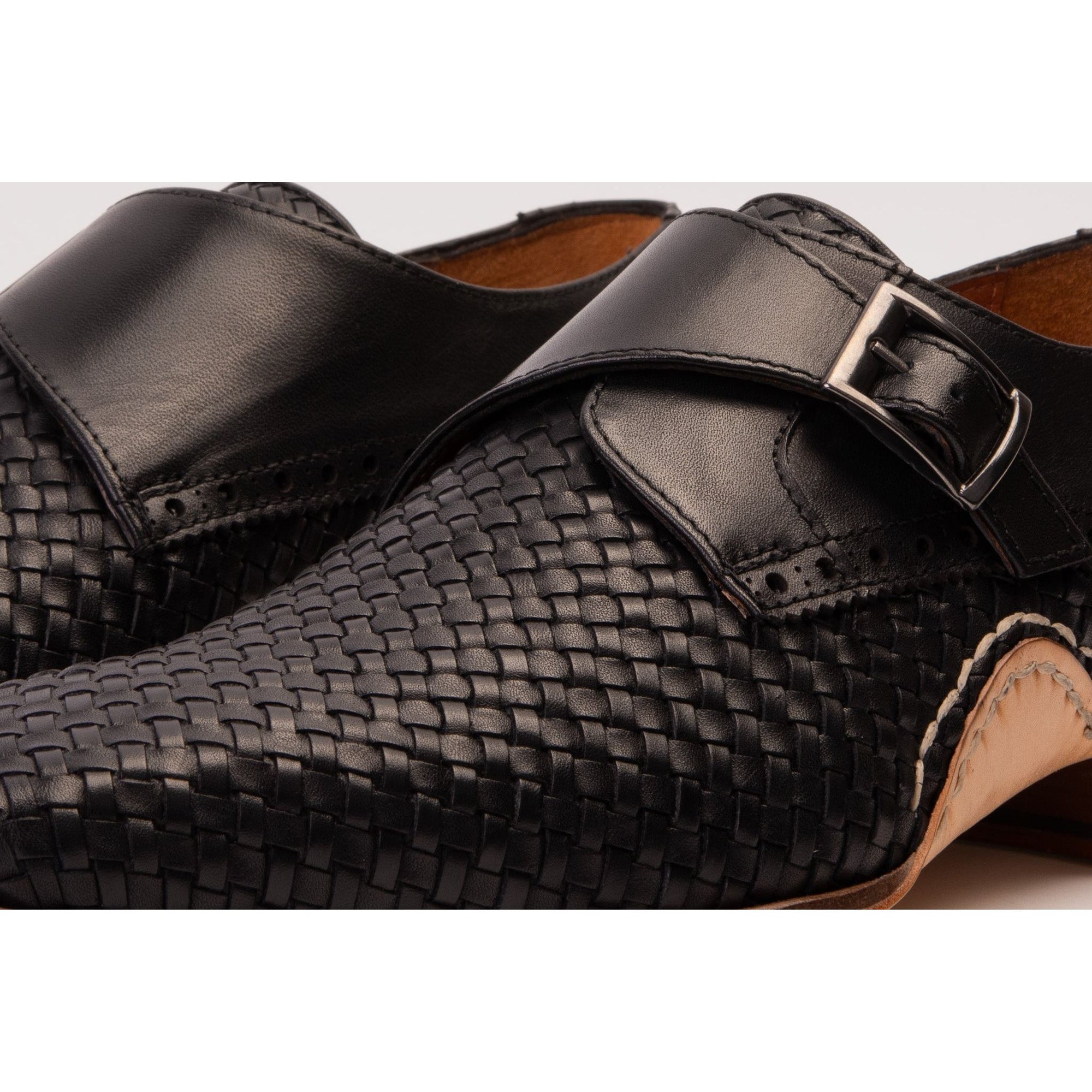 Vinci The Rolls  Woven Black Leather Single Monk Strap  Handmade Men Shoes