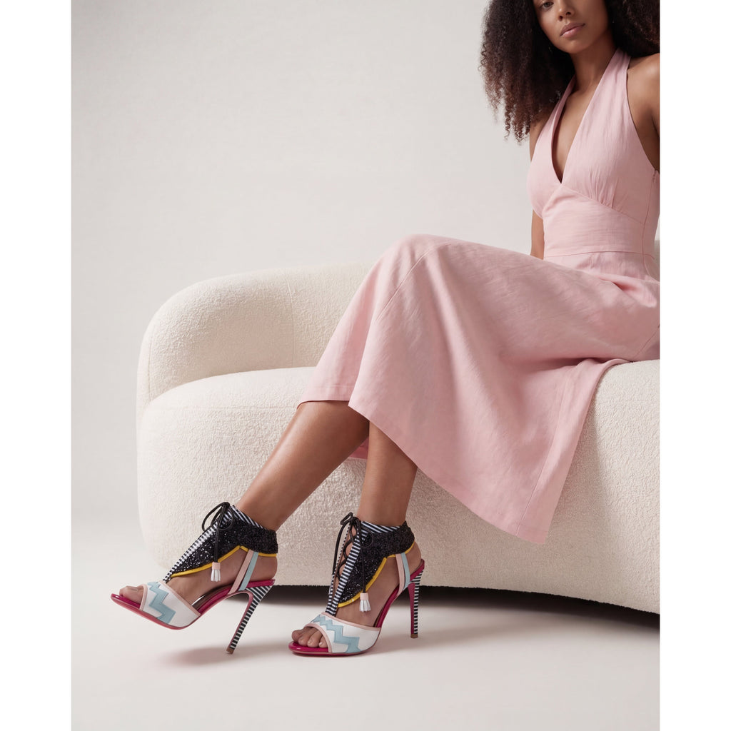 The Santa Amaro White Glitter Leather T-Strap Lace -Up Women Sandal