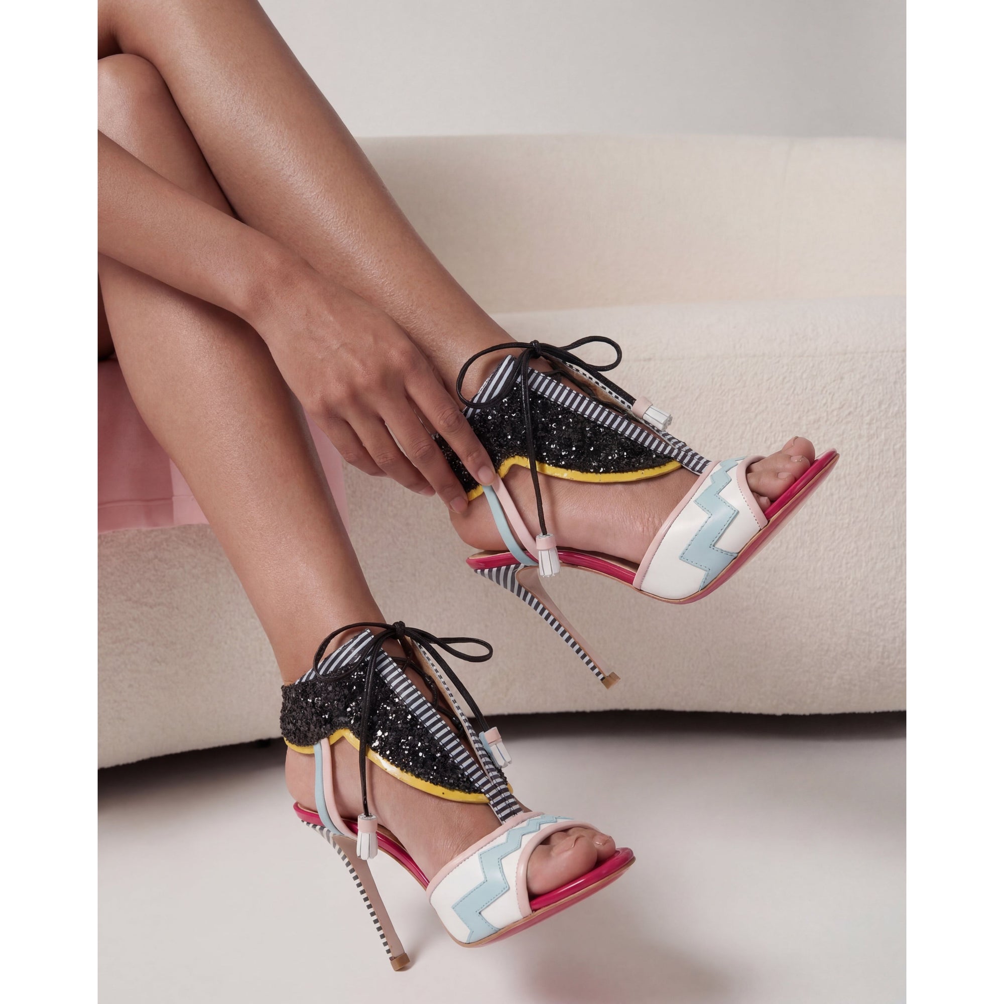 The Santa Amaro White Glitter Leather T-Strap Lace -Up Women Sandal