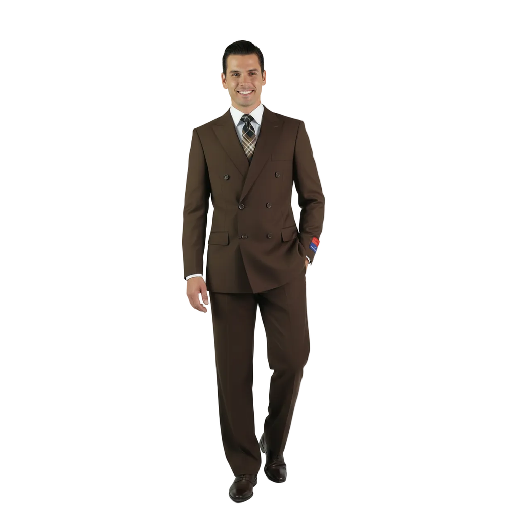 Men Apollo King Double Breasted Formal Business Suit Pleated Pants DM24 Brown