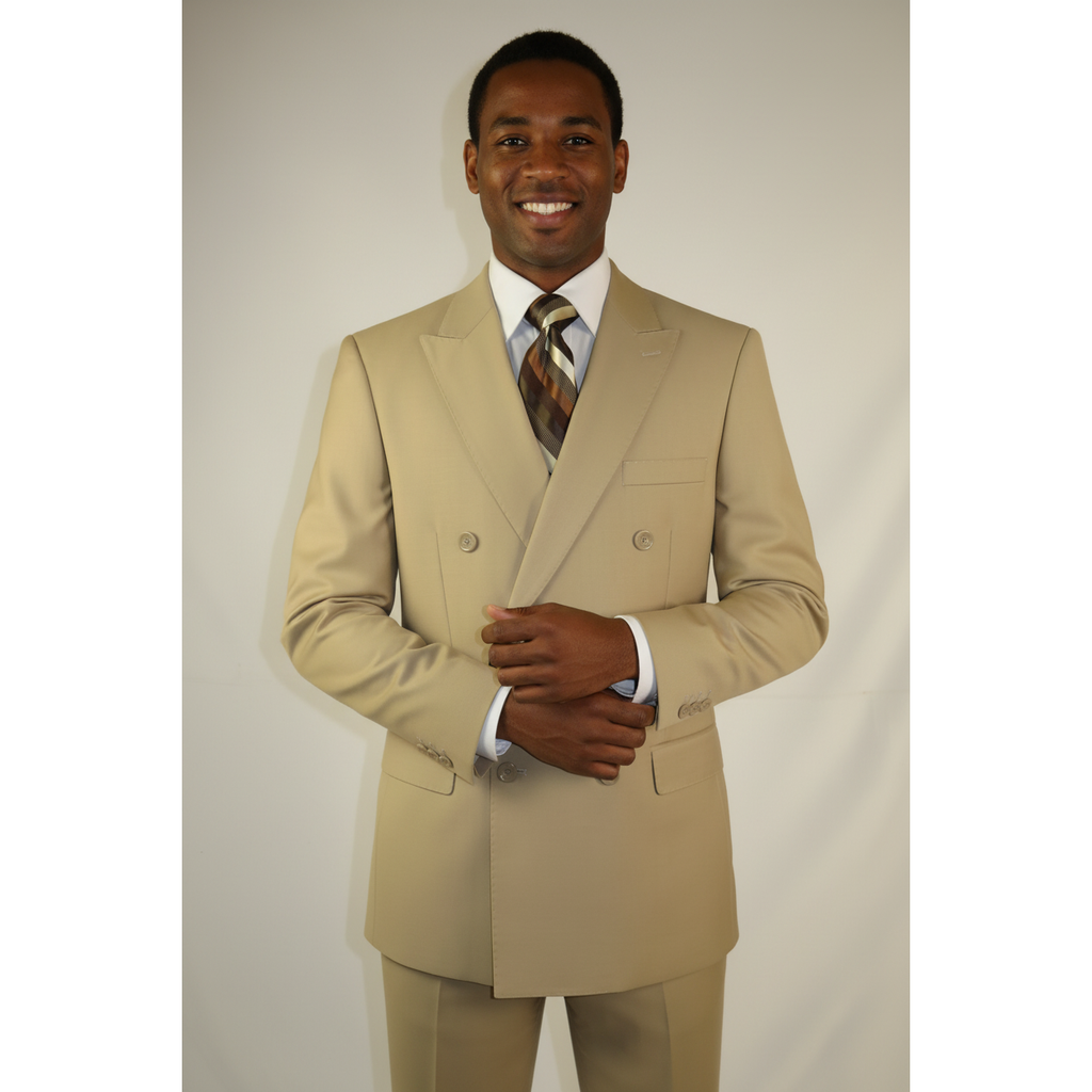 Men Apollo King Double Breasted Formal Business Suit Pleated Pants DM27 Camel Tan