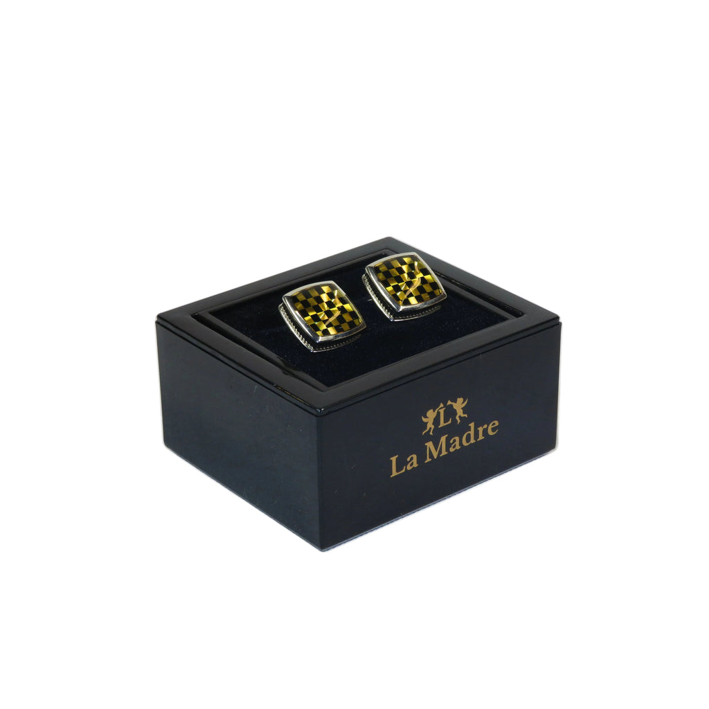 Cufflinks By La Madre From Turkey Solid Stainless Steel LA-1 Black Gold Checkers