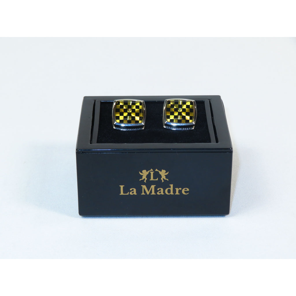 Cufflinks By La Madre From Turkey Solid Stainless Steel LA-1 Black Gold Checkers