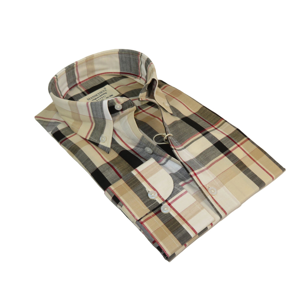 Mens 100% Cotton Shirt Manschett Turkey Slim Fit Oxford Button Down Collar 7033-13 Black/Tan Plaid