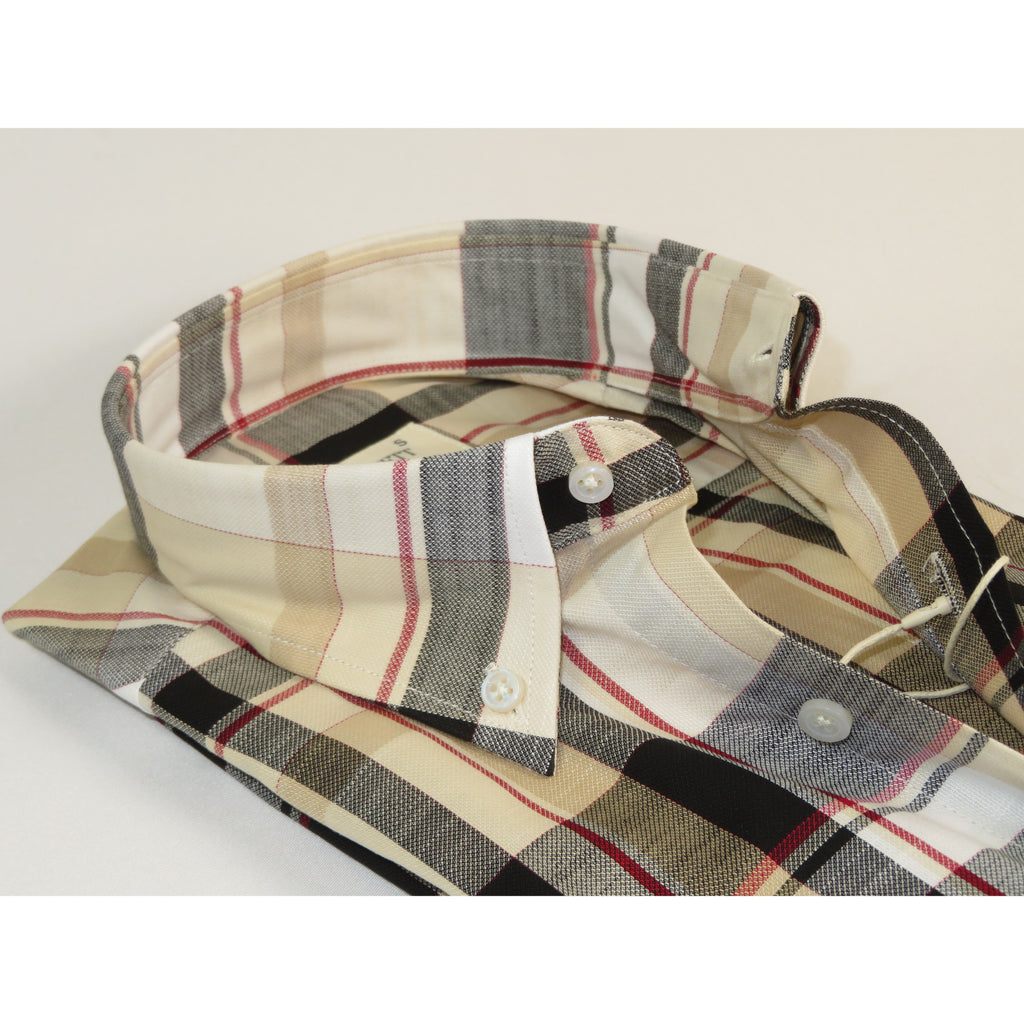 Mens 100% Cotton Shirt Manschett Turkey Slim Fit Oxford Button Down Collar 7033-13 Black/Tan Plaid